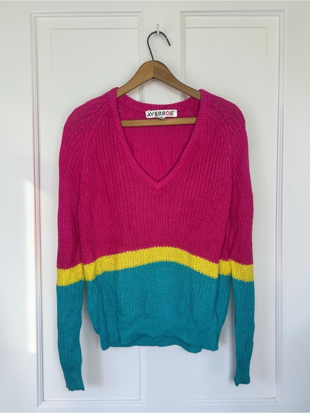 Vintage 90s Colorblock V Neck Sweater Pink Teal Yellow Slouchy Medium